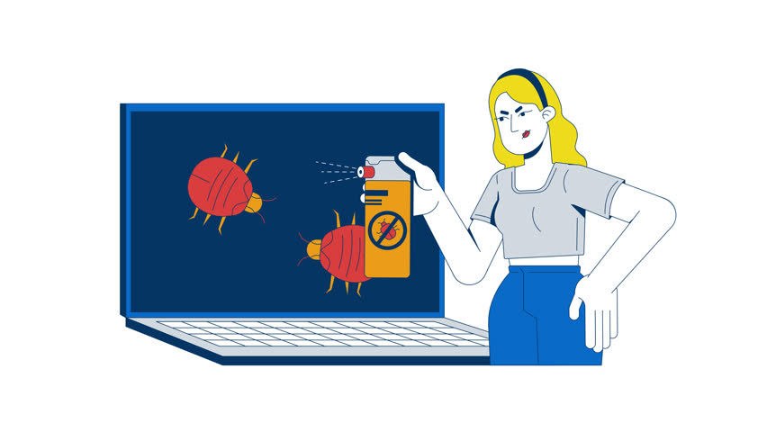 Antivirus laptop 2D animation. Debugging viruses malware. Cyber hygiene. Woman spraying computer bugs on desktop screen animated character cartoon flat concept metaphor 4K video isolated on white
