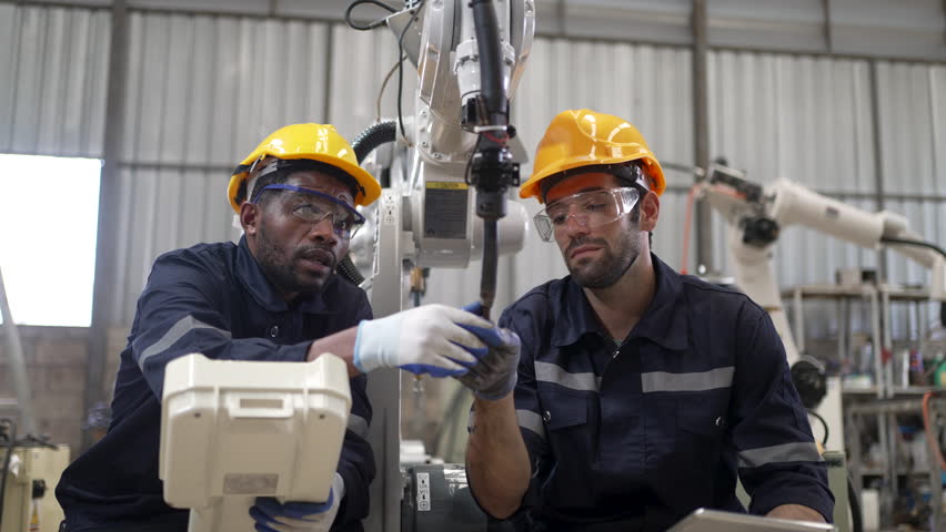 Blue collar workers at machine shop with welding robot arm. Factory and machinery.