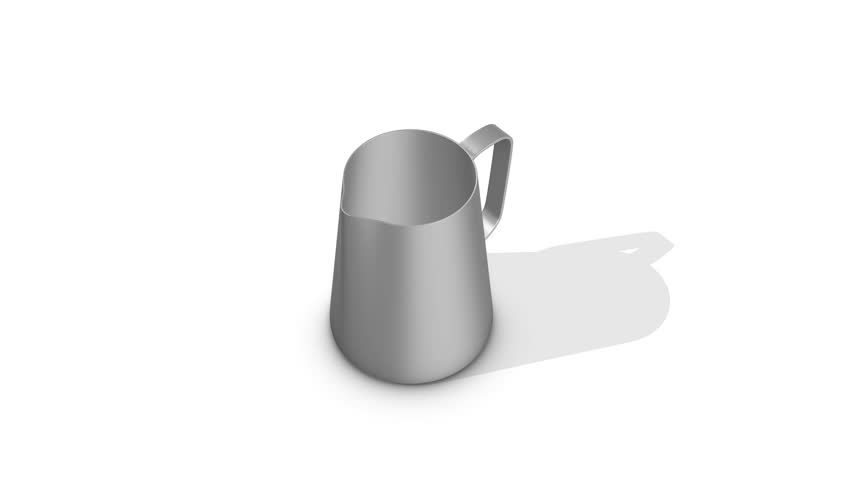 Milk Frothing Pitcher on a White Floor. Stainless Steel Milk Jug 3D. 4K