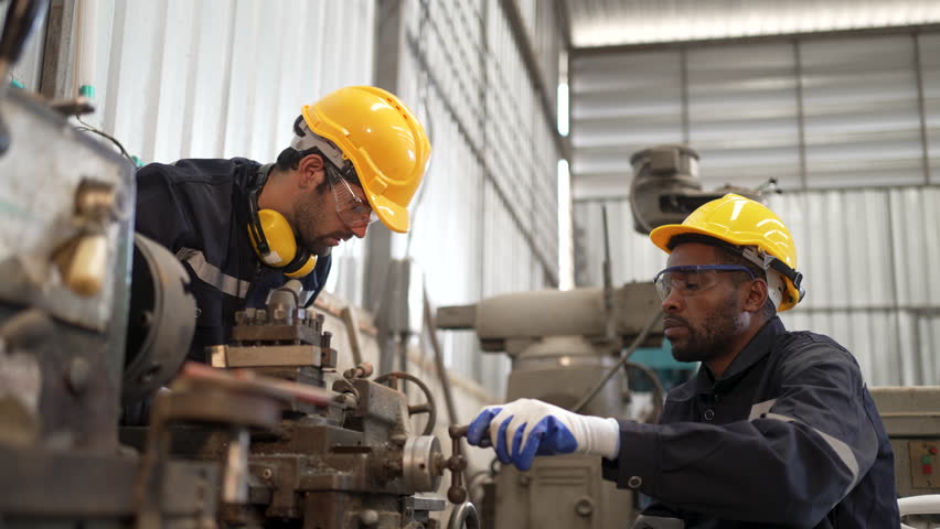 Blue collar workers at machine shop. Factory and machinery.