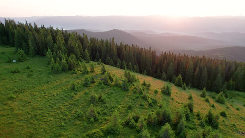Aerial view of campsite on grassy hillside, with tents scattered amidst lush greenery and small trees. Golden hues of sunrise. In distance, layers of rolling mountains fade into horizon.