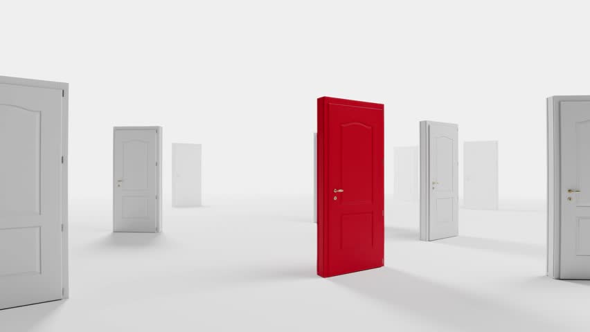 Red door opening among many closed white doors. Concepts of opportunity, choice, and being different