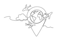 Animation of single continuous line drawing pin location in the middle is a globe with several airplanes and clouds around it. Technology helps travelers. National Tourism Day. Full length motion - Powered by Shutterstock - Get 15% off with code: PIKWIZARD15