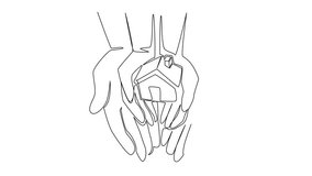 Self drawing animation of continuous one line drawing the miniature house on the palm of the hand. The dream of providing the best care in the best home. National Foster Care Day. Full length animated - Powered by Shutterstock - Get 15% off with code: PIKWIZARD15
