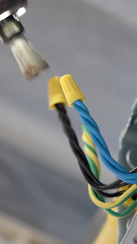 Electrician is using wire nut connectors electrical wires.