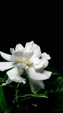White Flower Opening Time Lapse with Rotating Effect. Gardenia Jasminoides or Cape Jasmine Flower Blooming on Green Leaves Background in Timelapse with Alpha Matte Channel