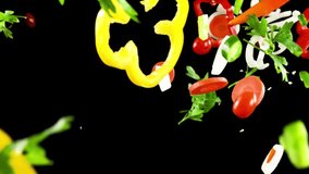 Colorful fresh vegetables sliced and tossed in air on a black background - Powered by Shutterstock - Get 15% off with code: PIKWIZARD15