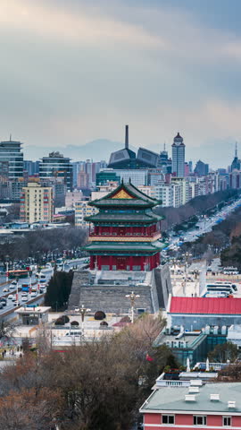 Time-lapse footage of empty scenes of the Drum Tower on the Central Axis of Beijing, China, from day to night