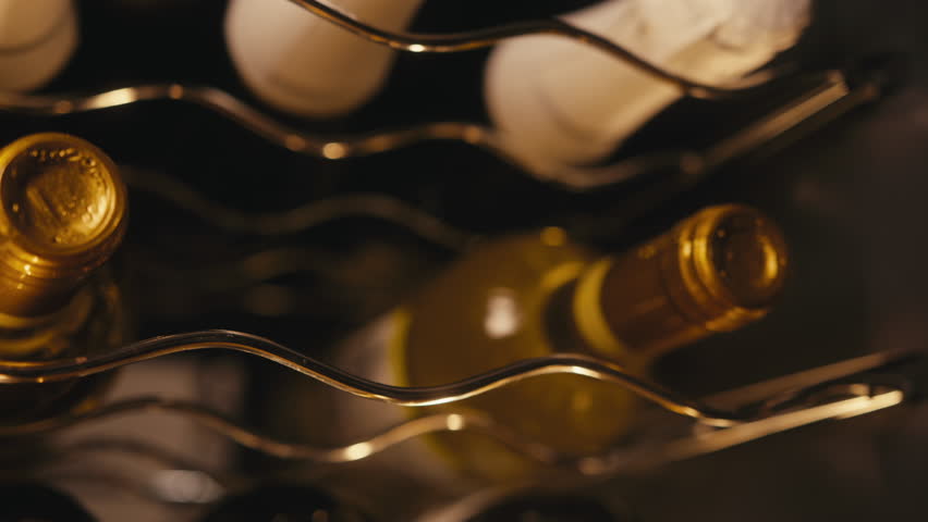 Storing bottles of wine in fridge, white and red wines in cooler. Alcoholic card in restaurant or at home storage, shop supermarket. Cooling and preserving wine and cava champagne..