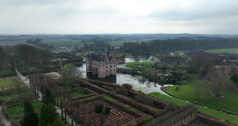Slot Egeskov, historic castle in Denmark. Aerial drone view.