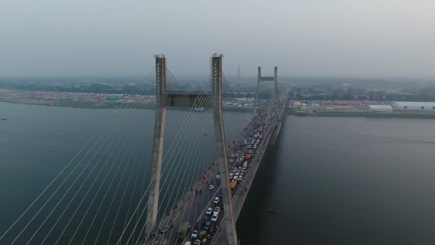 Aerial view of New Yamuna Bridge, Cable bridge in Prayagraj, Uttar Pradesh, India.