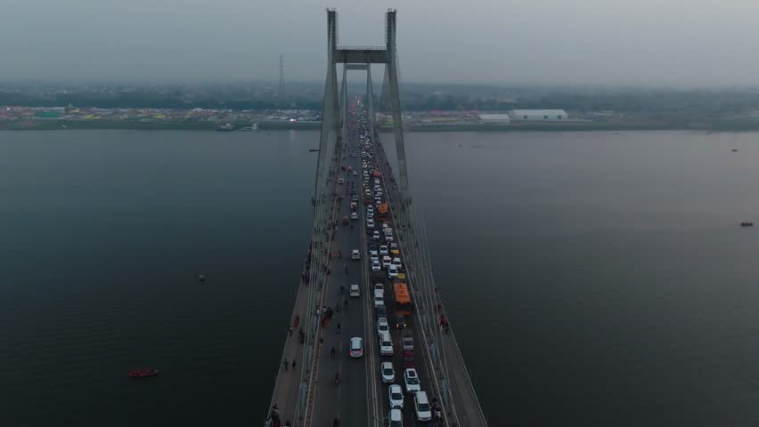 Aerial view of New Yamuna Bridge, Cable bridge in Prayagraj, Uttar Pradesh, India.