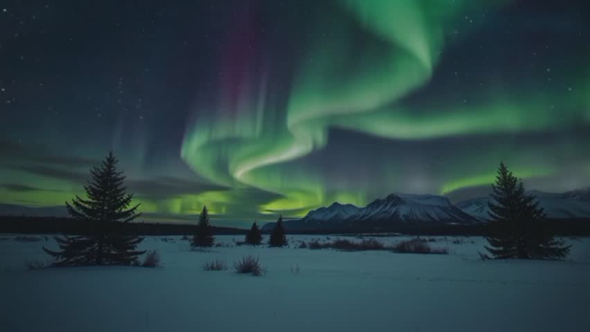A spectacular view of the aurora borealis over a snowy winter landscape, most likely in Denali National Park.