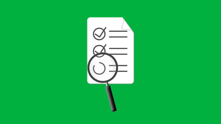 animated magnifying glass over a document with check mark, document check and review concept. animation footage video isolated on green background with alpha channel(transparent).