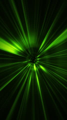 Dynamic futuristic sci-fi background with green neon energy light beams zoom effect. Flying at warp speed through a space energy portal or wormhole. Full HD and looping vertical background animation.