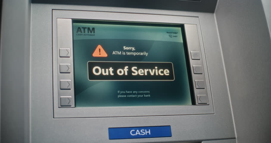 ATM Machine Screen Displaying Error Message Due to System Failure. Out of Service Cash Machine, Banking Transactions Temporarily Unavailable. Broken Banking Equipment, Server Not Working. Close Up.