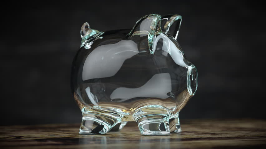 Transparent piggy bank full of coins, Savings and investment concept. 3d animation. 3D Illustration