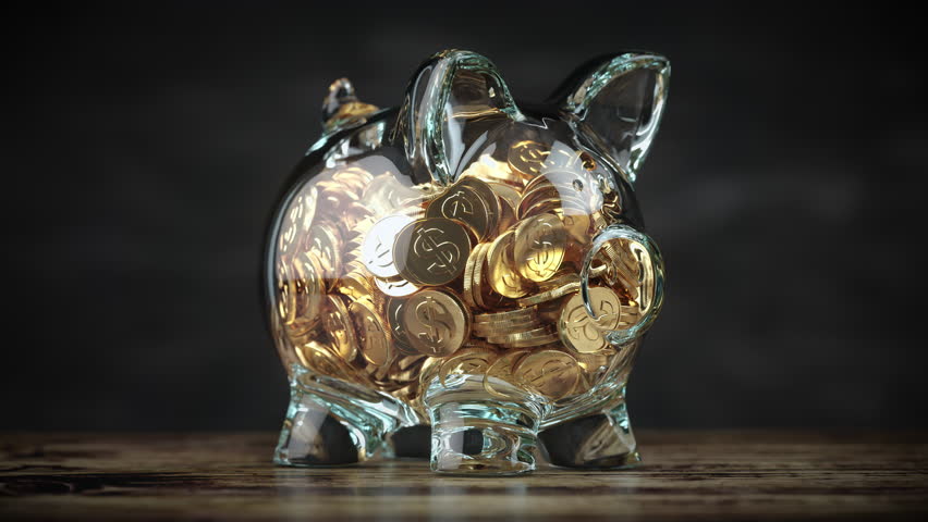 Transparent piggy bank full of coins, Savings and investment concept. 3d animation. 3D Illustration