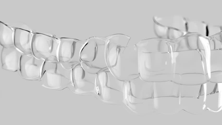 Transparent orthodontic aligners with elastics demonstrate jaw correction mechanics in a clear 3D visualization. Ideal for educational or promotional content about modern dental treatments and bite al