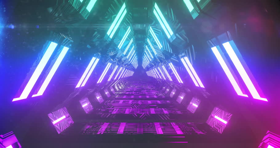 Flickering red text starting magenta PLEASE INSERT COIN fading neon tunnel with sweeping scan line. Futuristic, cyberpunk, neon, technology, immersive, abstract, digital