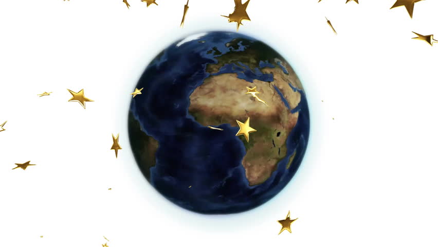 Upon start blue Earth globe rotating westward with golden stars swirling cascading over continents. Global, celestial, cosmic, minimalistic, futuristic, technology, navigation - Powered by Shutterstock - Get 15% off with code: PIKWIZARD15