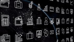 Starting Earth's night side sending finance icons drifting over globe while camera orbiting horizon. Astronomy, technology, data visualization, digital, innovation, analytics, finance - Powered by Shutterstock - Get 15% off with code: PIKWIZARD15