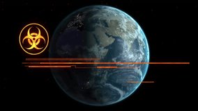 On hazard, 3D globe pulsing biohazard icon, morphing to EMERGENCY, glitching text requiring action. Space, digital, futuristic, warning, technology, alert, hazard - Powered by Shutterstock - Get 15% off with code: PIKWIZARD15