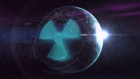 Fading in teal holographic radiation symbol over rotating Earth displaying data for monitoring. Space, technology, interface, data, security, futuristic, global - Powered by Shutterstock - Get 15% off with code: PIKWIZARD15