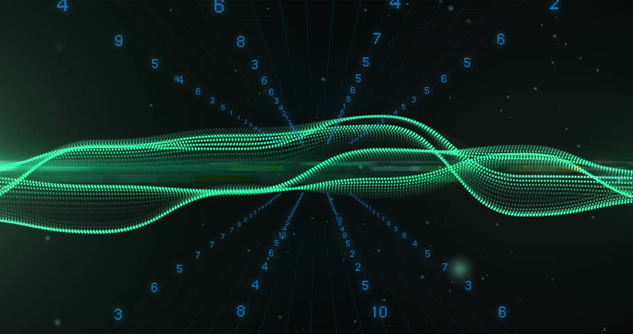 Green dotted waveform receiving left edge glow starting pulse traveling right visualizing data flow. Digital, futuristic, abstract, visualization, technology, dynamic, neon