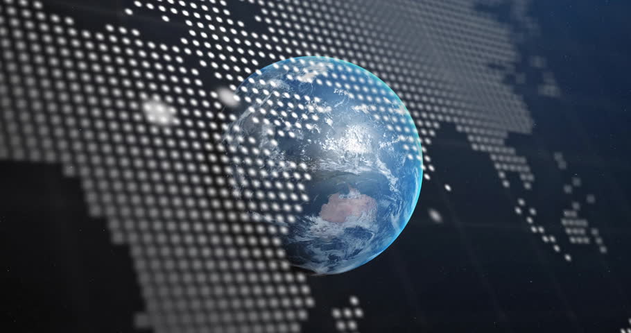 Console code starting scrolling and fading as 3D globe rotating and shifting map for data display. Futuristic, digital, global, network, innovation, technology, immersive