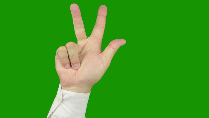 Green background (Chroma Key). Men's hands in a white shirt count on his fingers
