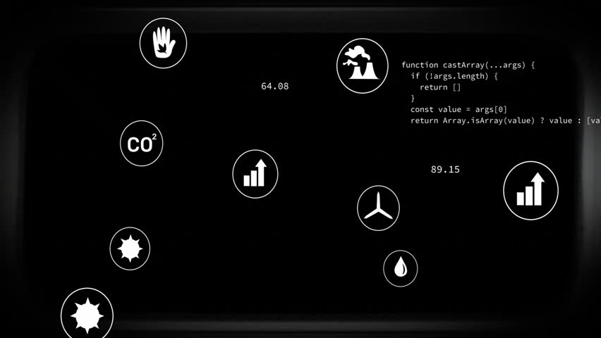 Opening glitch grid showing icons floating and code scrolling for visualizing eco metrics dashboard. Futuristic, digital, minimalistic, technological, analytical, sustainability, interface - Powered by Shutterstock - Get 15% off with code: PIKWIZARD15
