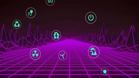 Icons spawning at horizon, drifting toward viewer over scrolling wireframe grid showing eco metrics. Futuristic, digital, eco, sustainability, data, technology, virtual - Powered by Shutterstock - Get 15% off with code: PIKWIZARD15