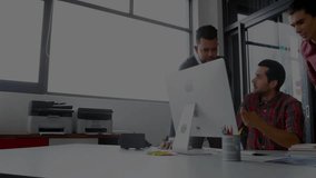 Three workers analyzing at desk interpreting animated financial graphs emerging upon hand placement. Collaboration, data analysis, business, technology, finance, teamwork, modern - Powered by Shutterstock - Get 15% off with code: PIKWIZARD15