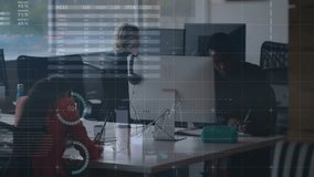 Coworkers examining finance reports while animated charts appearing and pointing at pie chart. Business, teamwork, data, analytics, collaboration, strategy, modern - Powered by Shutterstock - Get 15% off with code: PIKWIZARD15