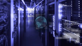 At start digital globe rotating over servers with scrolling code and blinking lights for data flow. Cybersecurity, digital, futuristic, technology, data, network, encryption - Powered by Shutterstock - Get 15% off with code: PIKWIZARD15