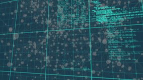 Opening turquoise grid starting camera rotating around three neon code clusters visualizing data. Futuristic, digital, cybernetic, hi-tech, abstract, innovation, virtual - Powered by Shutterstock - Get 15% off with code: PIKWIZARD15