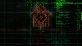 Green grid interface forming leading red house circuit icon pulsing code stream showing security. Cybersecurity, digital, technology, innovation, virtual, futuristic, data - Powered by Shutterstock - Get 15% off with code: PIKWIZARD15