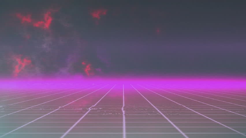 Scan-line flickering starting neon grid magenta horizon pulsing glow sweeping beam showing scene. Cyberspace, futuristic, digital, neon, abstract, sci-fi, vibrant