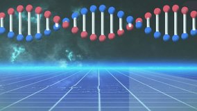 Upon animation start DNA helix pulsing and oscillating above neon grid visualizing DNA structure. Futuristic, scientific, digital, abstract, molecular, innovation, technology - Powered by Shutterstock - Get 15% off with code: PIKWIZARD15