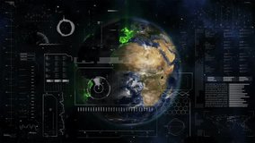 Opening rotating globe receiving fading HUD, tracing green links shooting arcs showing data route. Planetary network, data visualization, futuristic interface, space technology, global connectivity, - Powered by Shutterstock - Get 15% off with code: PIKWIZARD15