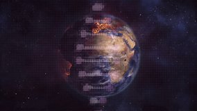 Revealing Earth half-obscured by purple pixel band, rotating globe tracing arcs forming network. Futuristic, technology, connectivity, digital, global, cyber, dynamic - Powered by Shutterstock - Get 15% off with code: PIKWIZARD15