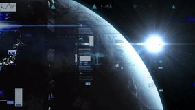 Triggered by sun flare, rotating Earth hemisphere revealing charts conveying global data trends. Space, data visualization, analytics, infographics, technology, digital, futuristic - Powered by Shutterstock - Get 15% off with code: PIKWIZARD15