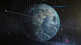 UI panels driving scanning overlay on rotating Earth, updating bar charts and lines for analysis. Globes, holography, data visualization, futuristic, technology, astronomy, cybernetic - Powered by Shutterstock - Get 15% off with code: PIKWIZARD15