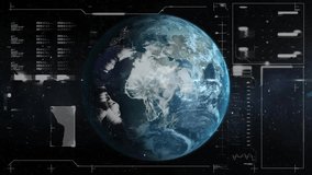 Earth globe rotating in space HUD pulsing scanning bars flare signaling polar sweep focusing. Planetary, technology, futuristic, data visualization, aerospace, innovation, digital - Powered by Shutterstock - Get 15% off with code: PIKWIZARD15