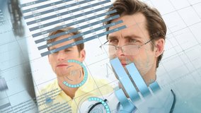 doctor activating health interface metrics and expanding pie charts over world map guiding patient. Medical analytics, digital health, data visualization, healthcare technology, professional - Powered by Shutterstock - Get 15% off with code: PIKWIZARD15