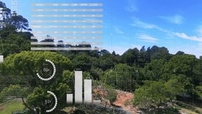 Drone-viewpoint initiating AR UI fading while panning as charts animating to show data progression. Nature, technology, analytics, visualization, outdoor, innovation, data - Powered by Shutterstock - Get 15% off with code: PIKWIZARD15