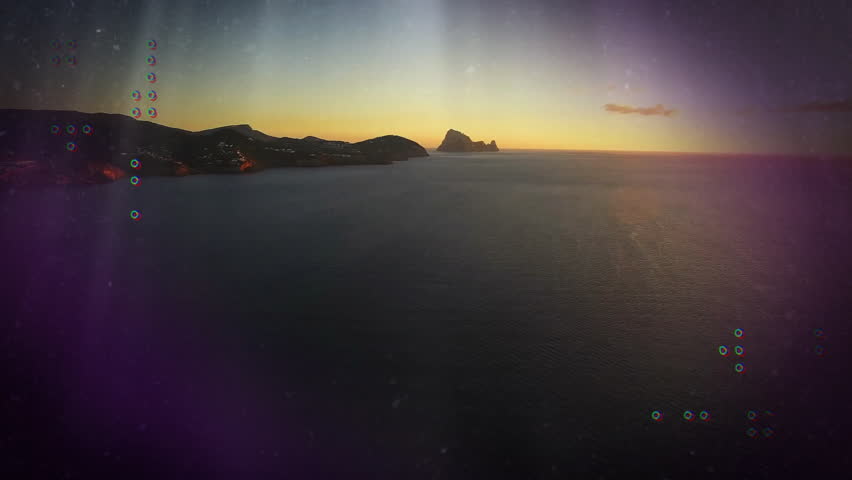 At start overlays appearing rotating glitching and vanishing showing glitch effect on coastal dusk. Seascape, digital art, glitch, abstract, tranquil, aesthetic, sunset