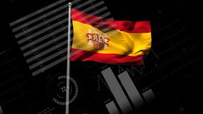 Subtle breeze causing Spanish flag rippling while bar charts sliding gauges sweeping showing data. Digital, analytics, futuristic, data visualization, finance, technology, information - Powered by Shutterstock - Get 15% off with code: PIKWIZARD15