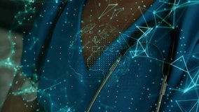 female doctor smiling with stethoscope, flickering teal nodes forming globe highlighting health. Medical, healthcare, technology, digital, innovation, professionalism, futuristic - Powered by Shutterstock - Get 15% off with code: PIKWIZARD15